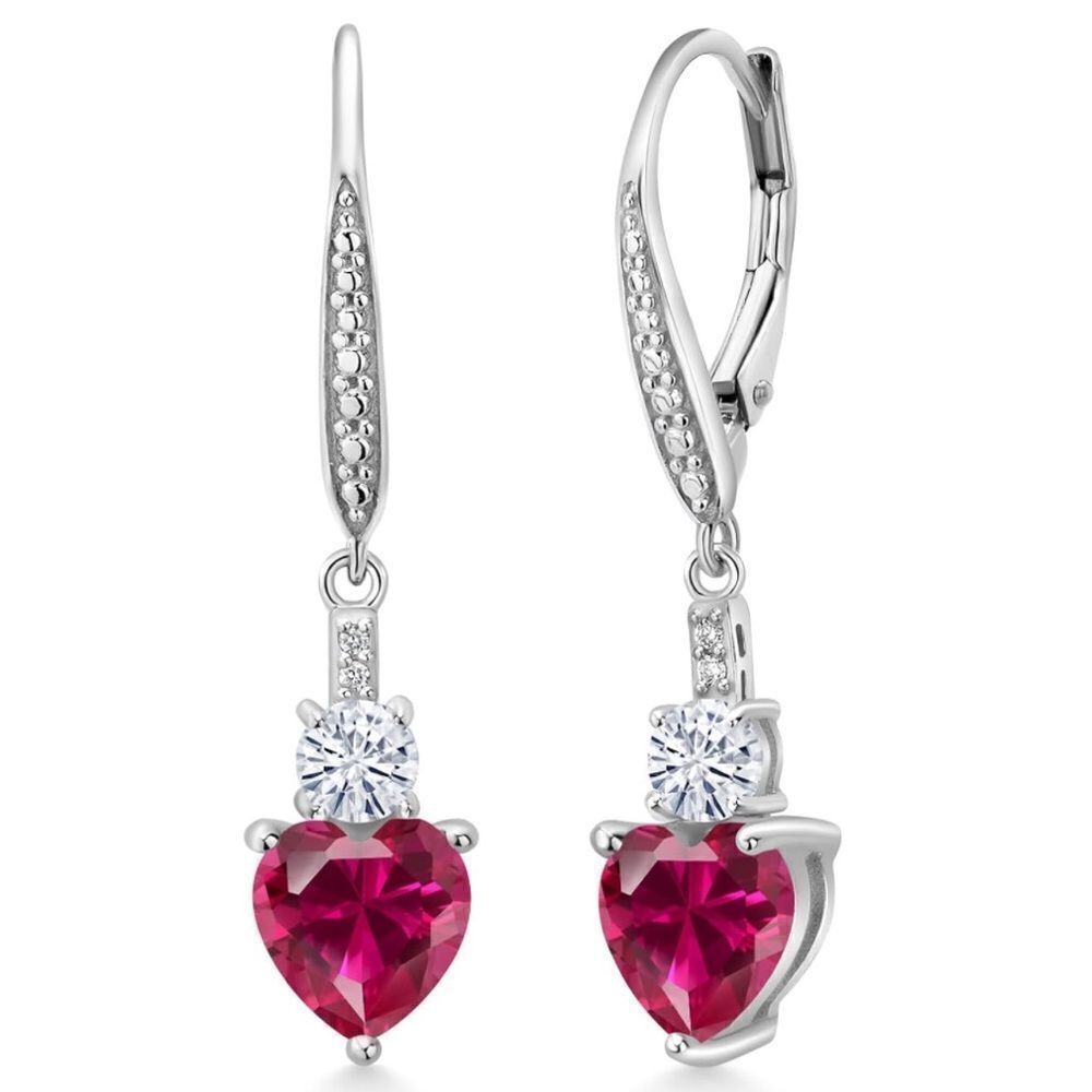 925 Sterling Silver with 3.29 Cttw Ruby and Moissanite Heart Drop Earrings